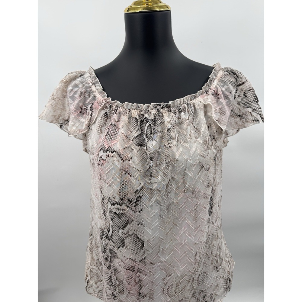 White House Black Market Blush White Peasant Blouse Animal Print Size Small - Picture 3 of 6